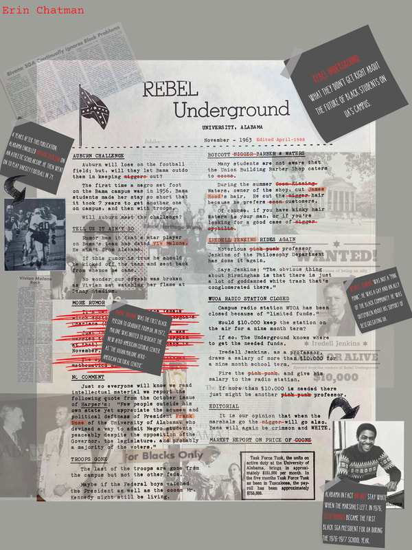 Digital collage with images and crossed out text over a printed newsletter page.