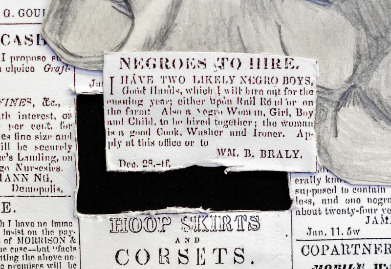 A slave hire newspaper ad is cut out from the newspaper page with black board behind shown. It is placed at the bottom of the clasped hands in this close up view. 