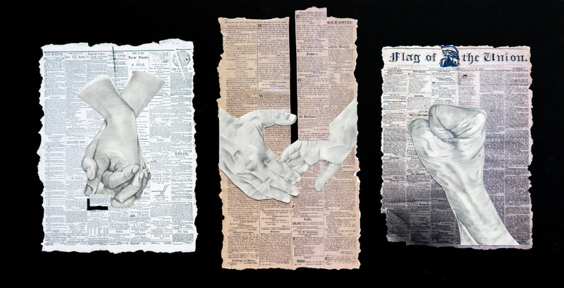 Clasped drawn hands, pair of separated hands, and clenched fist placed on distressed copies of historic newspapers. 