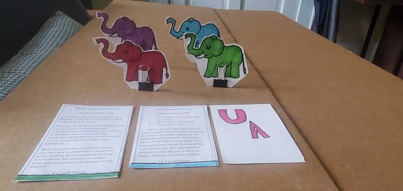Close up of elephant game pieces and game cards. 
