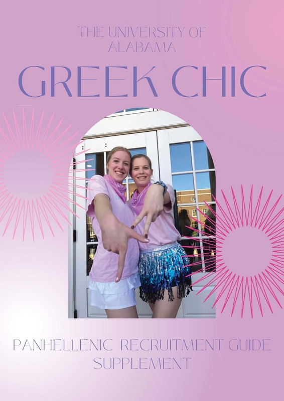 Close up of two students in front of sorority house on a pink starburst background.