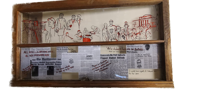Wooden window with red and black images of Black students of the 1970s and then newspaper coverage below with handwritten quotes from students. 