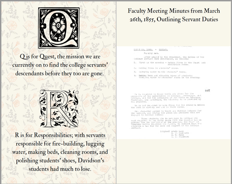 Two page spread with with Q and R featured in block print form and text below each letter. The right page features a historic print document as the image. 